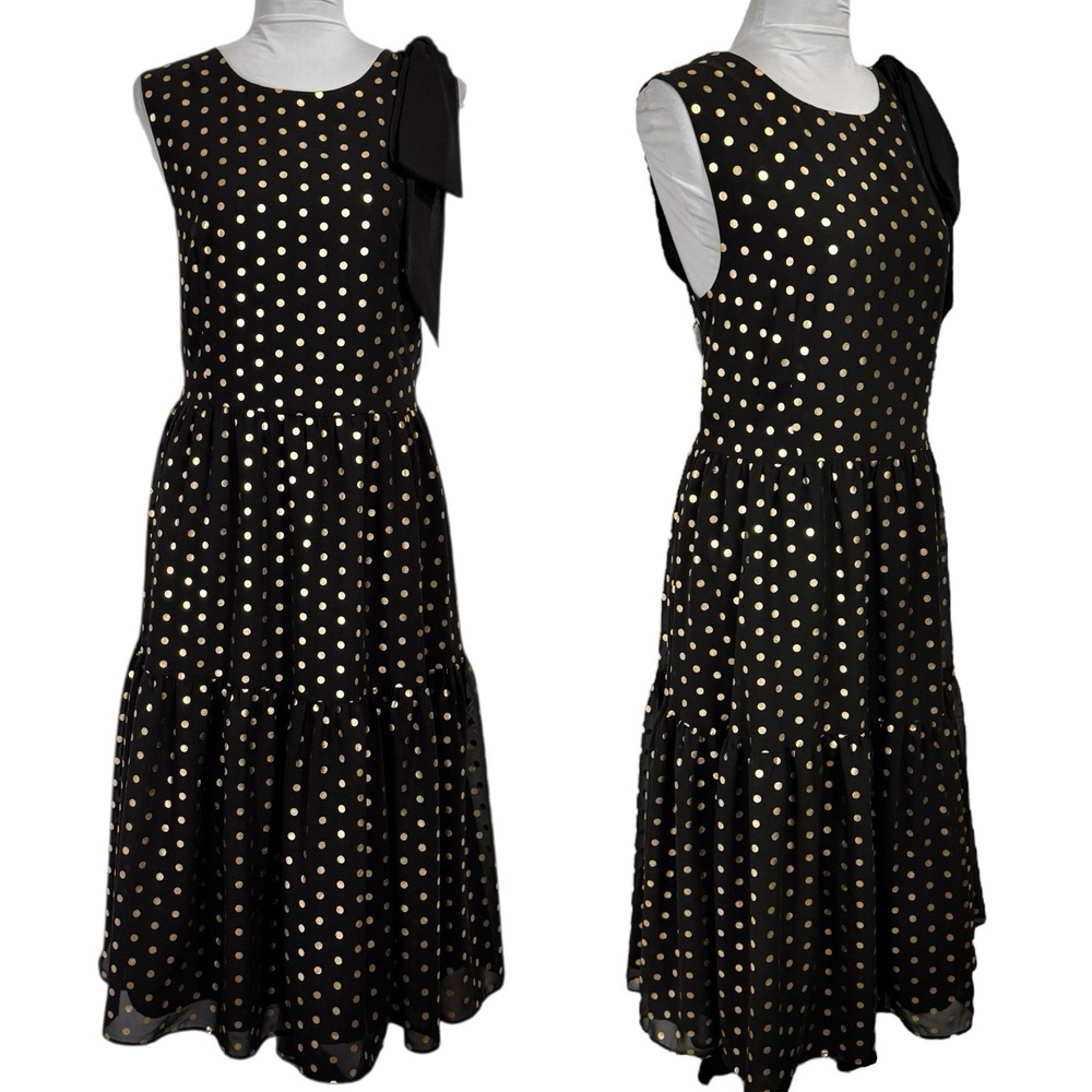 NEW Ann Taylor Black &‎ Gold Polka Dot Ruffle Midi Dress Size 12 High Neck Bow